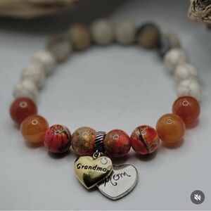 Heart Charm Beaded Bracelet - Orange and Cream Semiprecious Stones
